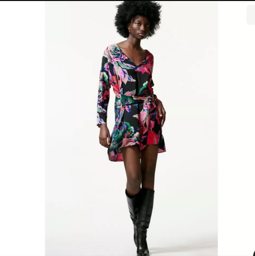 Zara multi color tie front dress